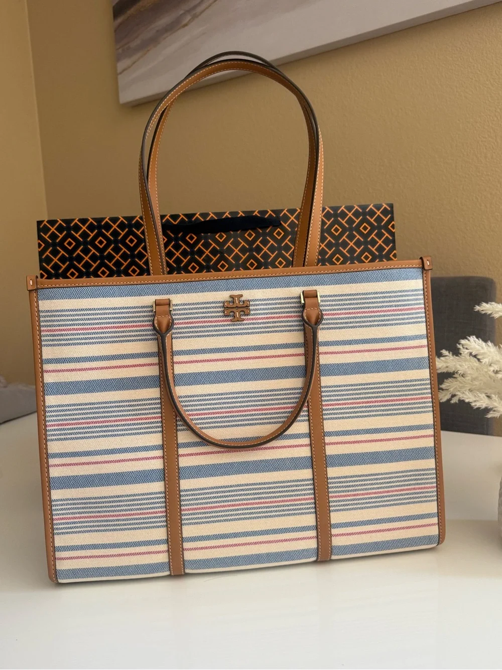 NWT, tory burch blake stripe canvas jumbo large tote multi walnut $550